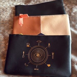 Ipsy Black and Tan Makeup Pouches with Gold Design